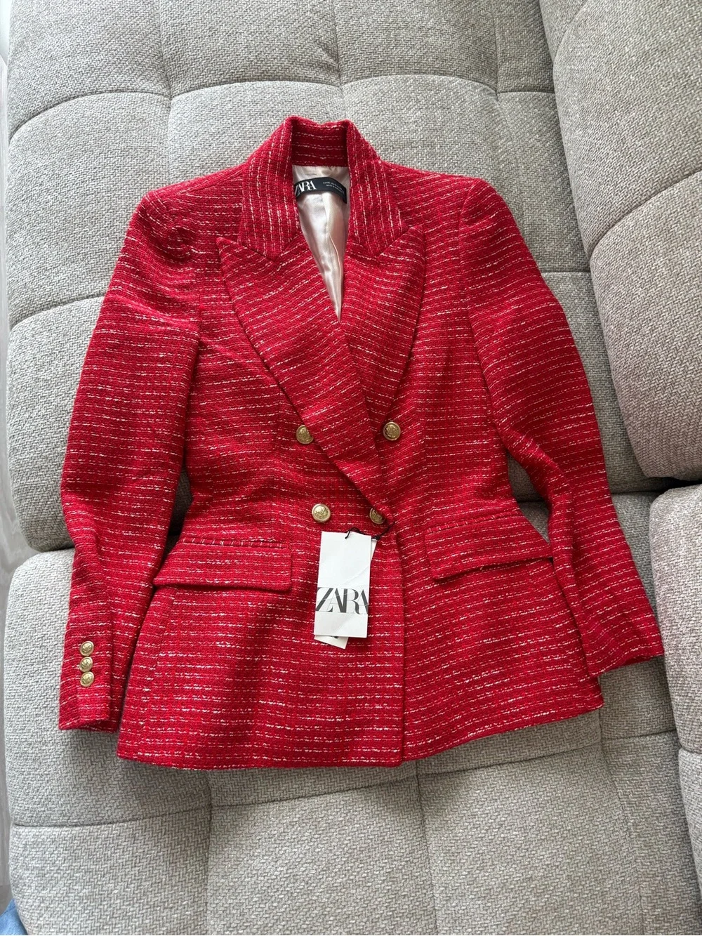 ZARA Red Tweed Double-Breasted Blazer with Gold Buttons - Picture 1 of 4